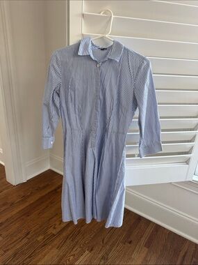 Ann Taylor Blue and White Striped Midi Shirt Dress